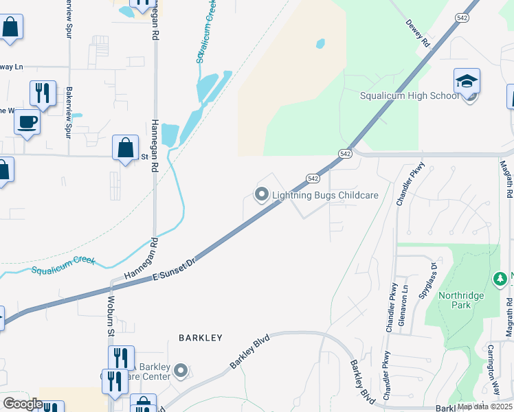 map of restaurants, bars, coffee shops, grocery stores, and more near 2821 E Sunset Dr in Bellingham