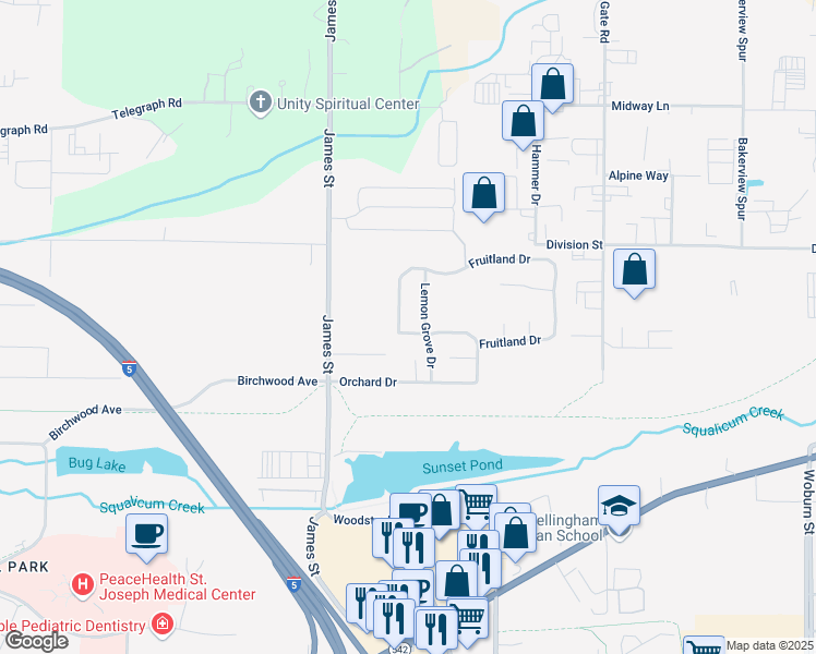 map of restaurants, bars, coffee shops, grocery stores, and more near 1675 Fruitland Drive in Bellingham