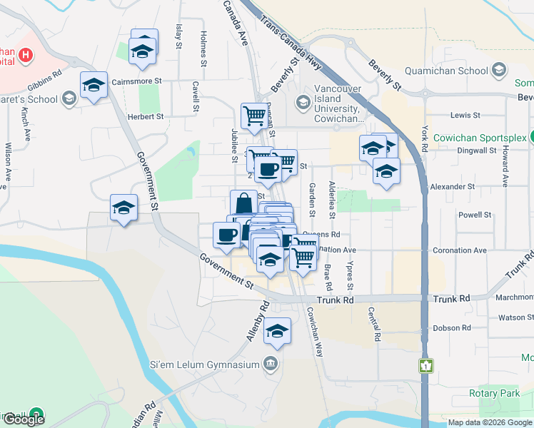 map of restaurants, bars, coffee shops, grocery stores, and more near 107 Evans Street in Duncan