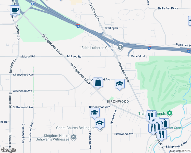 map of restaurants, bars, coffee shops, grocery stores, and more near 2832 Alderwood Avenue in Bellingham