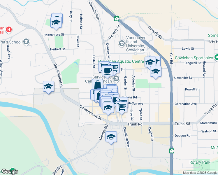 map of restaurants, bars, coffee shops, grocery stores, and more near 89 Evans Street in Duncan