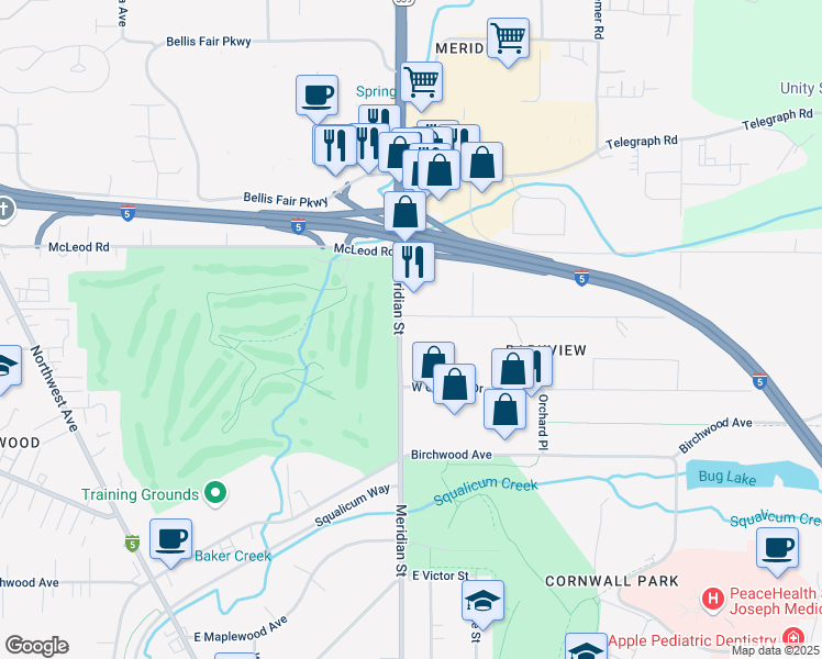map of restaurants, bars, coffee shops, grocery stores, and more near 3614 Meridian Street in Bellingham