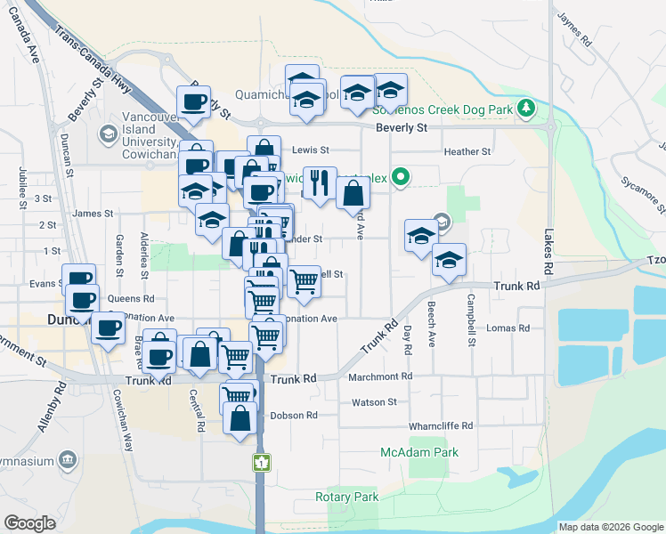 map of restaurants, bars, coffee shops, grocery stores, and more near 675 Powell Street in Duncan