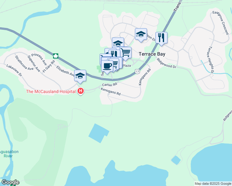 map of restaurants, bars, coffee shops, grocery stores, and more near Kenogami Road in Terrace Bay