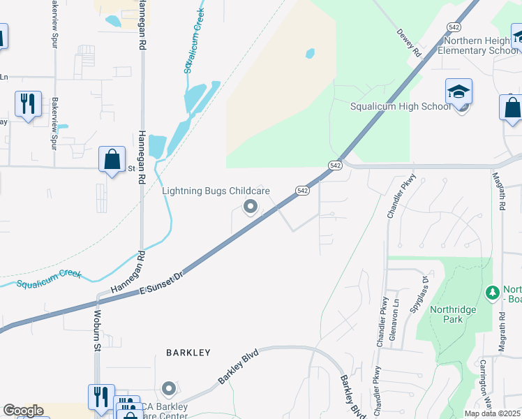 map of restaurants, bars, coffee shops, grocery stores, and more near 2821 East Sunset Drive in Bellingham