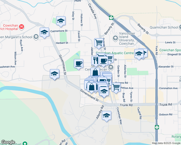map of restaurants, bars, coffee shops, grocery stores, and more near 487 Jubilee Street in Duncan