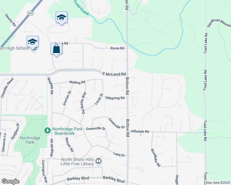 map of restaurants, bars, coffee shops, grocery stores, and more near 1465 Hillspring Road in Bellingham