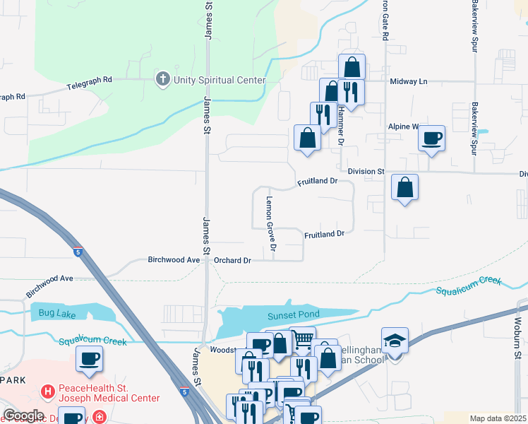 map of restaurants, bars, coffee shops, grocery stores, and more near 1675 Fruitland Drive in Bellingham