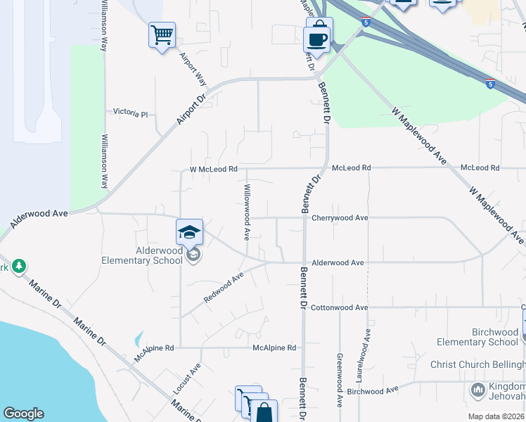 map of restaurants, bars, coffee shops, grocery stores, and more near 3350 Cherrywood Avenue in Bellingham