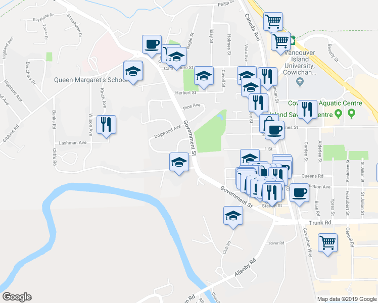 map of restaurants, bars, coffee shops, grocery stores, and more near 681 Government Street in Duncan