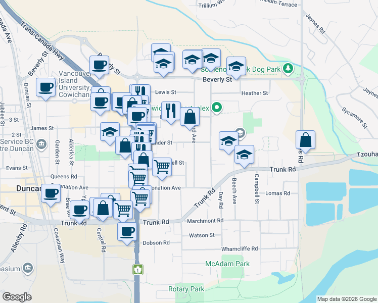 map of restaurants, bars, coffee shops, grocery stores, and more near 5788 Howard Avenue in Duncan