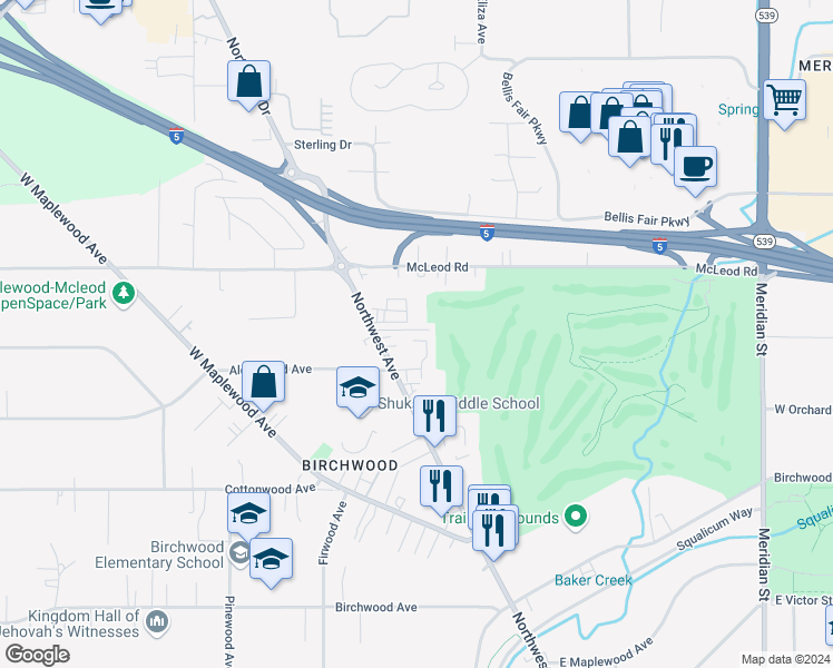 map of restaurants, bars, coffee shops, grocery stores, and more near 2600 Alderwood Avenue in Bellingham