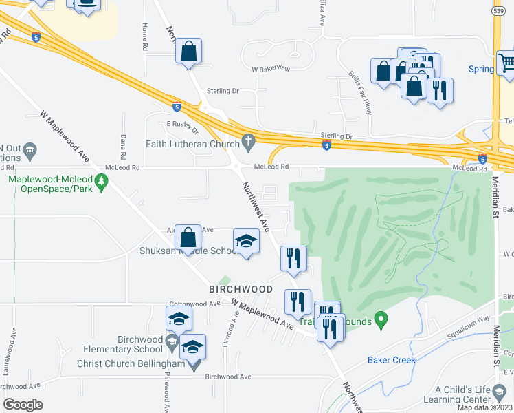 map of restaurants, bars, coffee shops, grocery stores, and more near 3519 Northwest Avenue in Bellingham