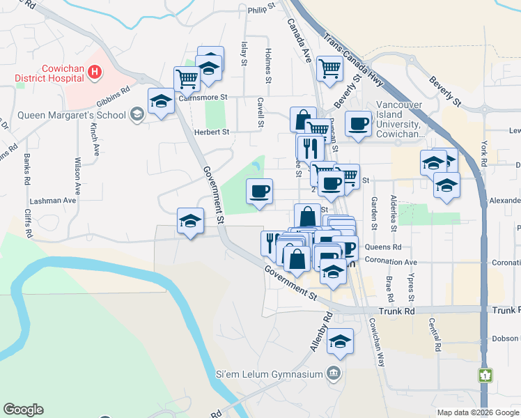 map of restaurants, bars, coffee shops, grocery stores, and more near 275 1 Street in Duncan