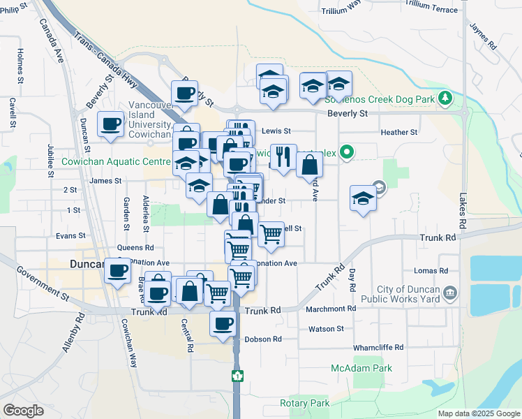 map of restaurants, bars, coffee shops, grocery stores, and more near 2568 Alexander Street in Duncan