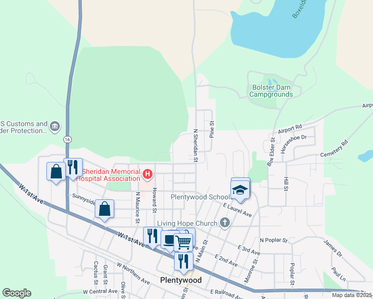 map of restaurants, bars, coffee shops, grocery stores, and more near 605 Sheridan Street in Plentywood