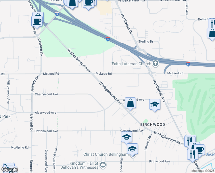 map of restaurants, bars, coffee shops, grocery stores, and more near 2924 West Maplewood Avenue in Bellingham