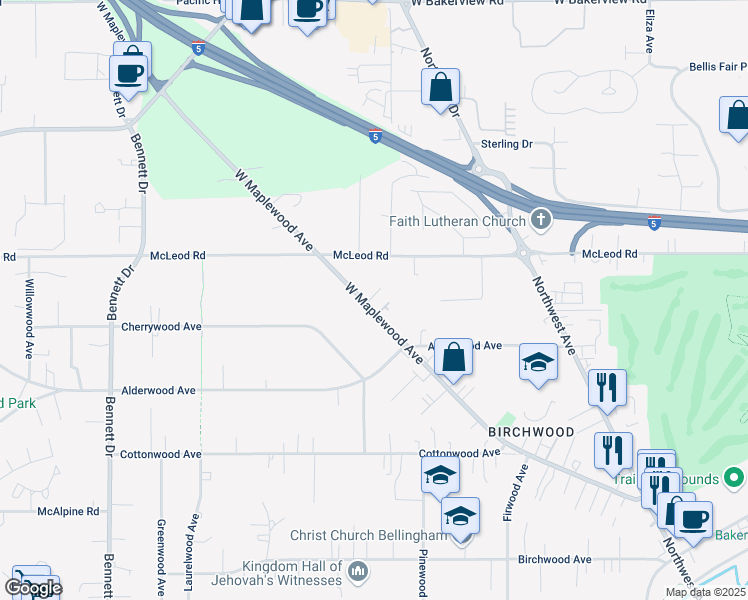 map of restaurants, bars, coffee shops, grocery stores, and more near 2932 West Maplewood Avenue in Bellingham
