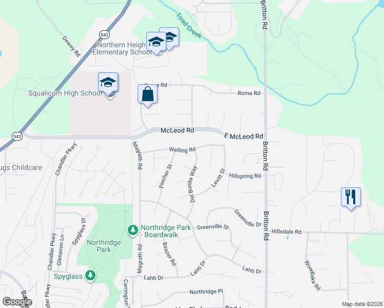 map of restaurants, bars, coffee shops, grocery stores, and more near 1382 Welling Road in Bellingham