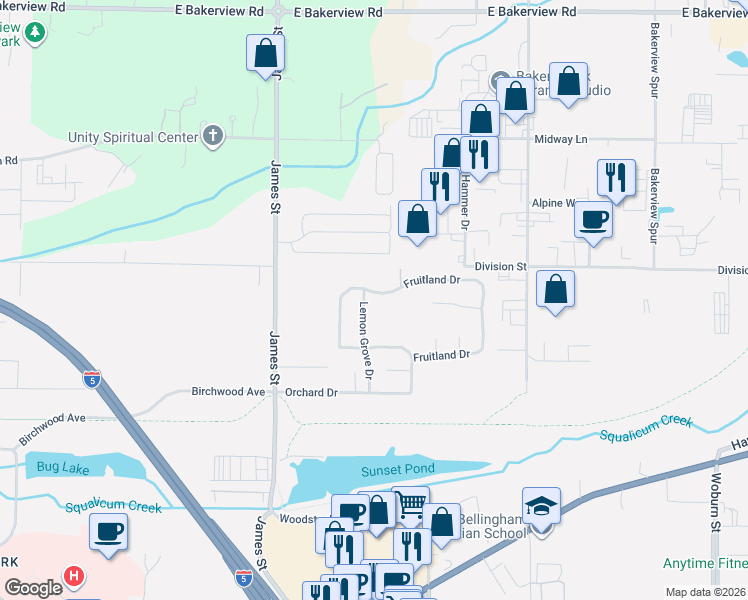 map of restaurants, bars, coffee shops, grocery stores, and more near 1571 Fruitland Drive in Bellingham
