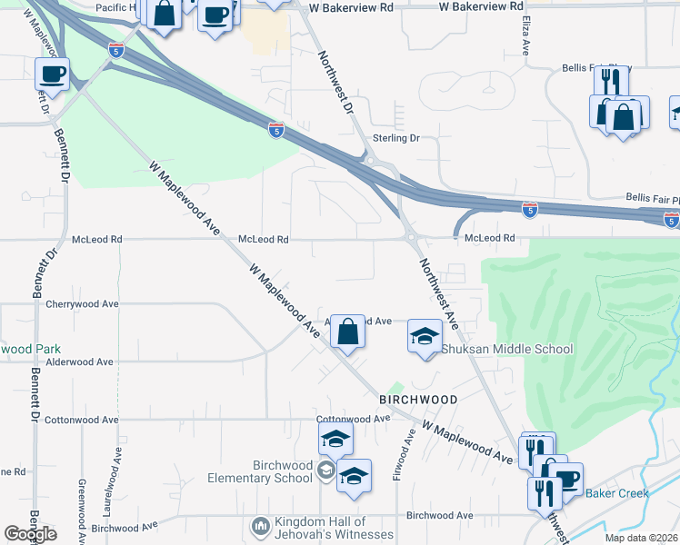 map of restaurants, bars, coffee shops, grocery stores, and more near 2828 Azalea Place in Bellingham