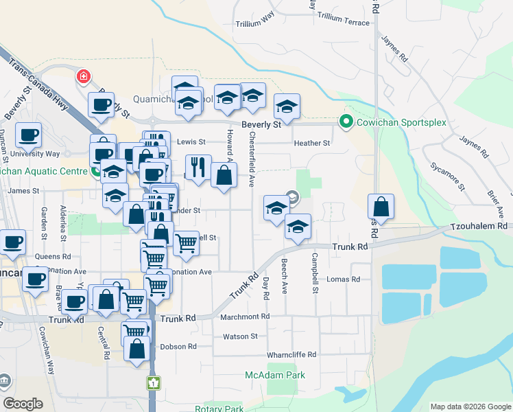 map of restaurants, bars, coffee shops, grocery stores, and more near 5805 Chesterfield Avenue in Duncan