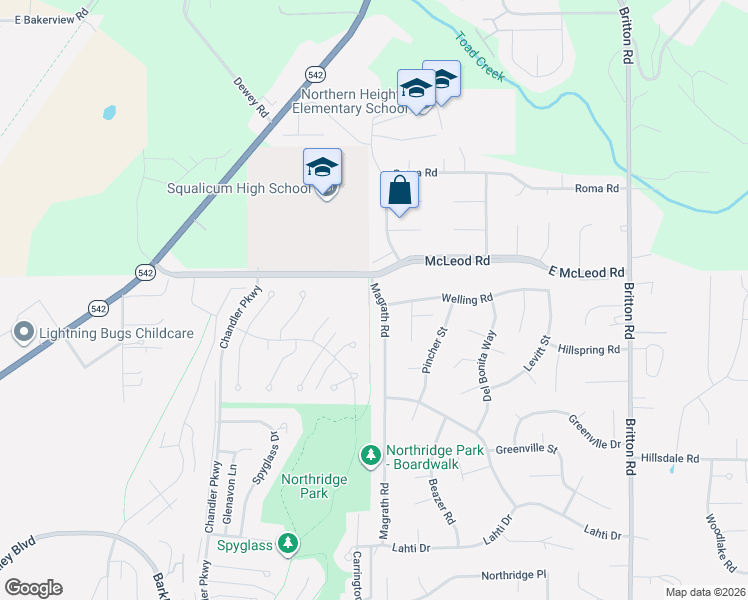 map of restaurants, bars, coffee shops, grocery stores, and more near 3881 Magrath Road in Bellingham