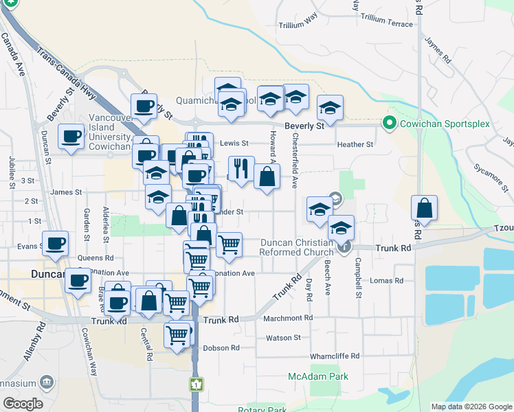 map of restaurants, bars, coffee shops, grocery stores, and more near 2515 Alexander Street in Duncan