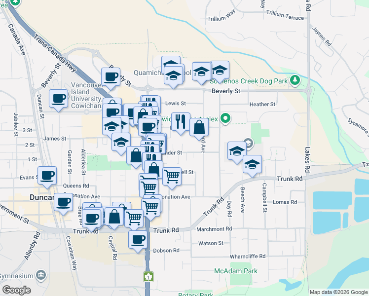 map of restaurants, bars, coffee shops, grocery stores, and more near 2529 Alexander Street in Duncan