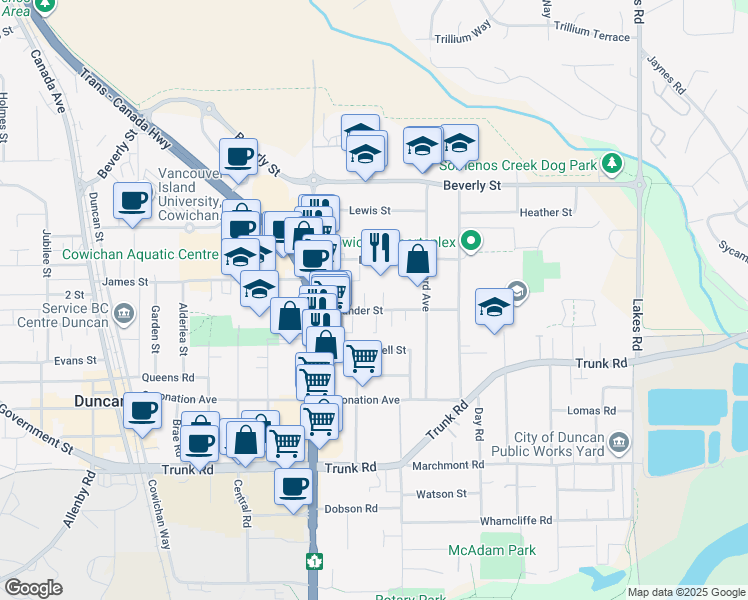 map of restaurants, bars, coffee shops, grocery stores, and more near 2551 Alexander Street in Duncan