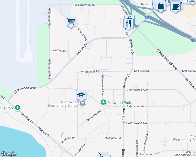 map of restaurants, bars, coffee shops, grocery stores, and more near 3411 Forest Court in Bellingham