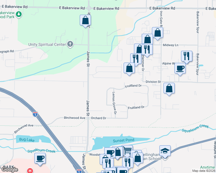 map of restaurants, bars, coffee shops, grocery stores, and more near 1620 Fruitland Drive in Bellingham
