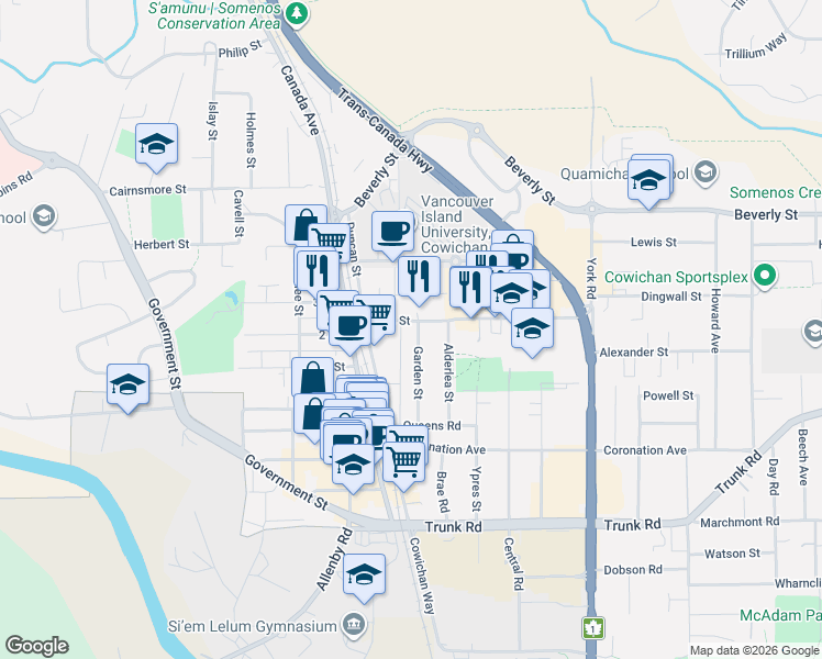 map of restaurants, bars, coffee shops, grocery stores, and more near 5822 Garden Street in Duncan