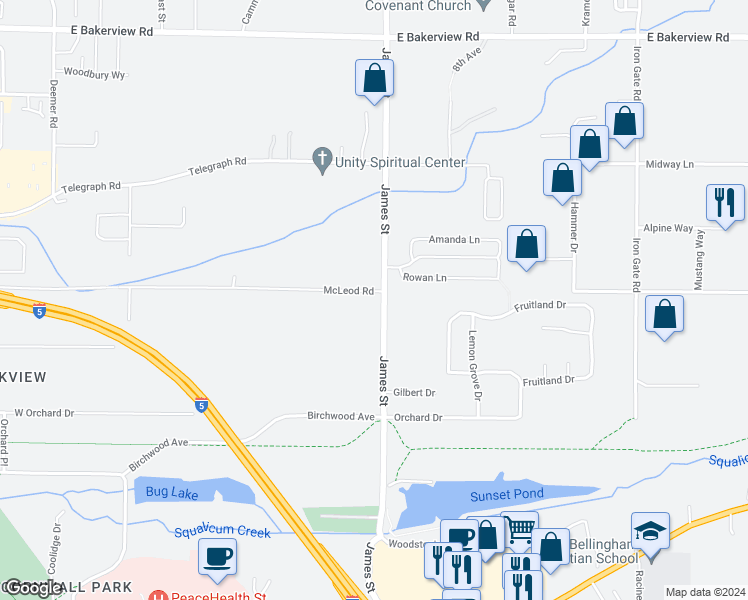 map of restaurants, bars, coffee shops, grocery stores, and more near 1031 McLeod Road in Bellingham