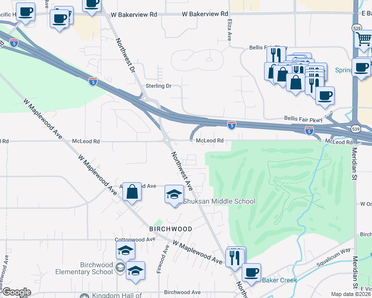 map of restaurants, bars, coffee shops, grocery stores, and more near 3538 Northwest Avenue in Bellingham