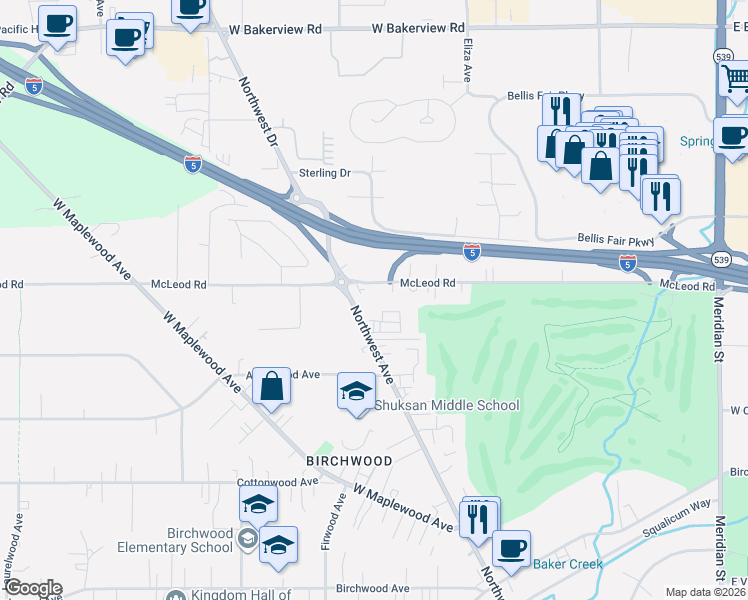 map of restaurants, bars, coffee shops, grocery stores, and more near 3528 Northwest Avenue in Bellingham