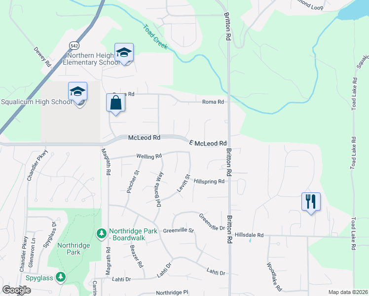 map of restaurants, bars, coffee shops, grocery stores, and more near 1435 Welling Road in Bellingham