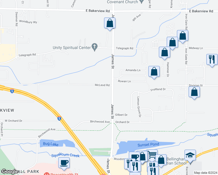 map of restaurants, bars, coffee shops, grocery stores, and more near 1031 McLeod Road in Bellingham