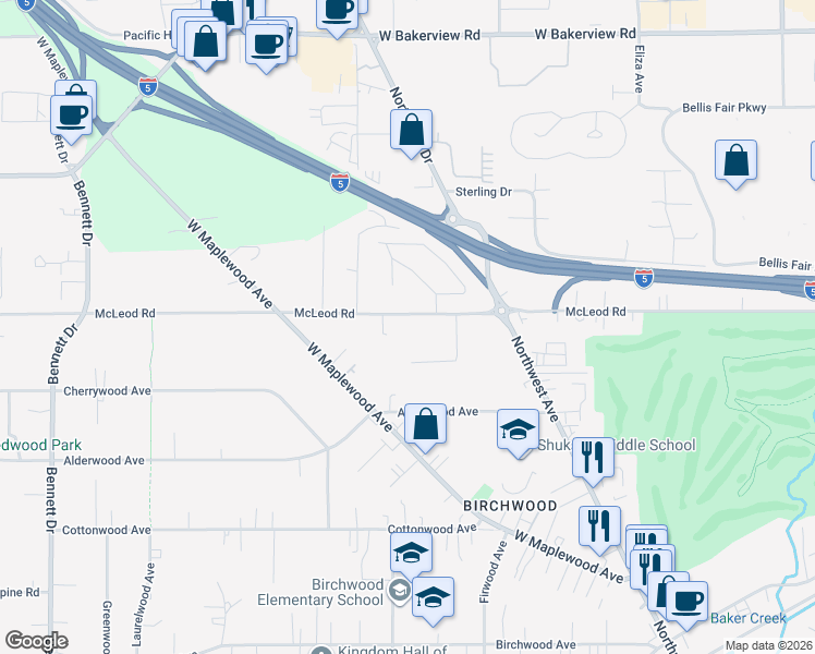 map of restaurants, bars, coffee shops, grocery stores, and more near 2828 Azalea Place in Bellingham