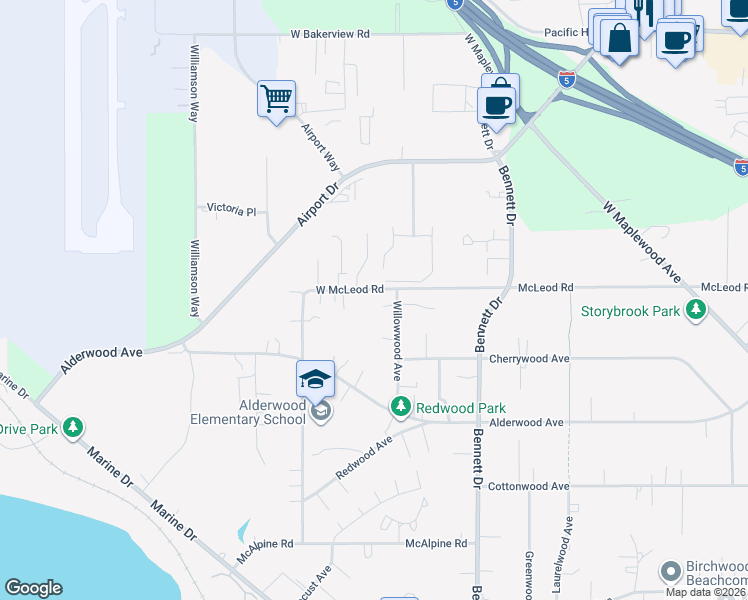 map of restaurants, bars, coffee shops, grocery stores, and more near 3411 Forest Court in Bellingham