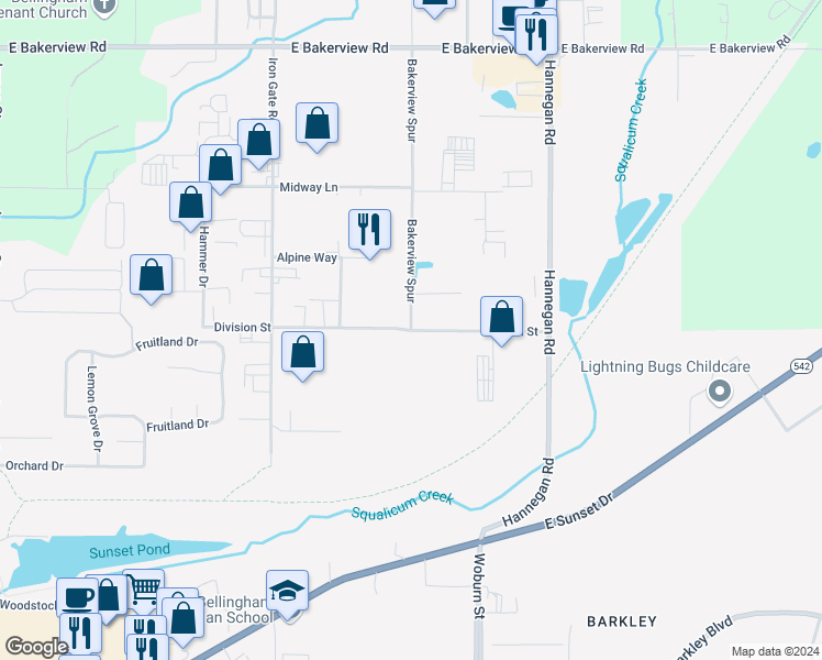 map of restaurants, bars, coffee shops, grocery stores, and more near 2030 Division Street in Bellingham