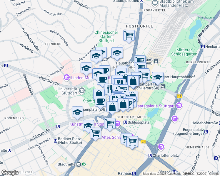 map of restaurants, bars, coffee shops, grocery stores, and more near 14 Friedrichstraße in Stuttgart
