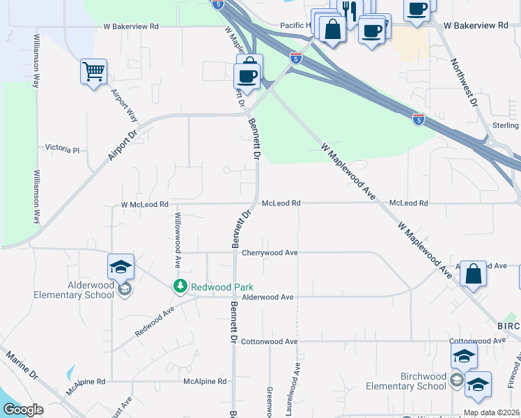map of restaurants, bars, coffee shops, grocery stores, and more near 3524 Bennett Drive in Bellingham