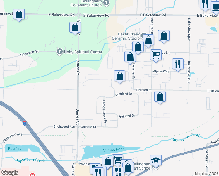 map of restaurants, bars, coffee shops, grocery stores, and more near 3802 James Street in Bellingham