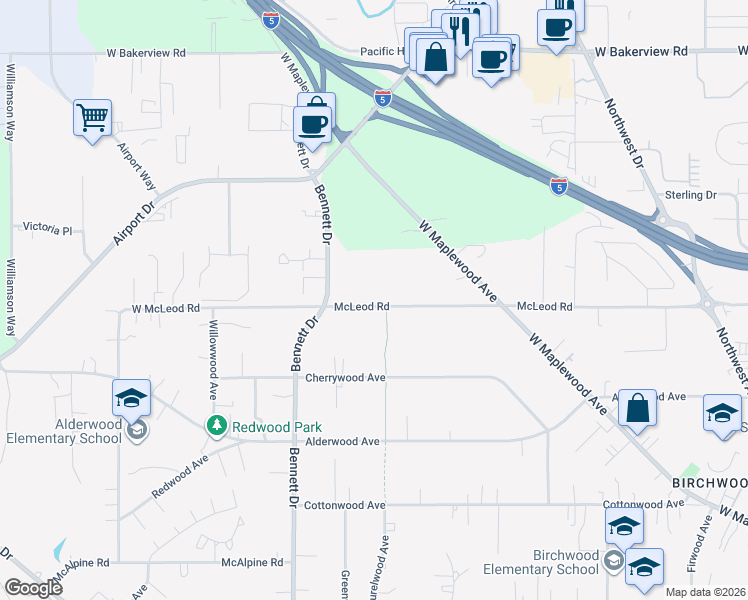 map of restaurants, bars, coffee shops, grocery stores, and more near 3206 McLeod Road in Bellingham