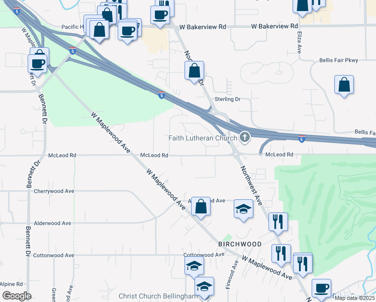 map of restaurants, bars, coffee shops, grocery stores, and more near 3614 Rusley Court in Bellingham