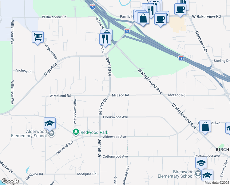 map of restaurants, bars, coffee shops, grocery stores, and more near 3609 Bennett Drive in Bellingham