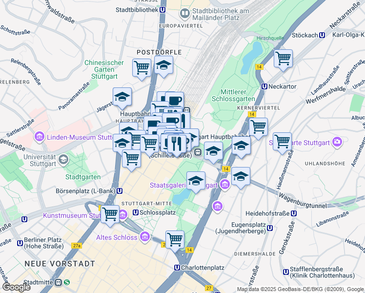 map of restaurants, bars, coffee shops, grocery stores, and more near 6 Else-Josenhans-Straße in Stuttgart