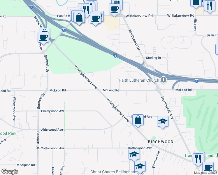 map of restaurants, bars, coffee shops, grocery stores, and more near 2938 McLeod Road in Bellingham