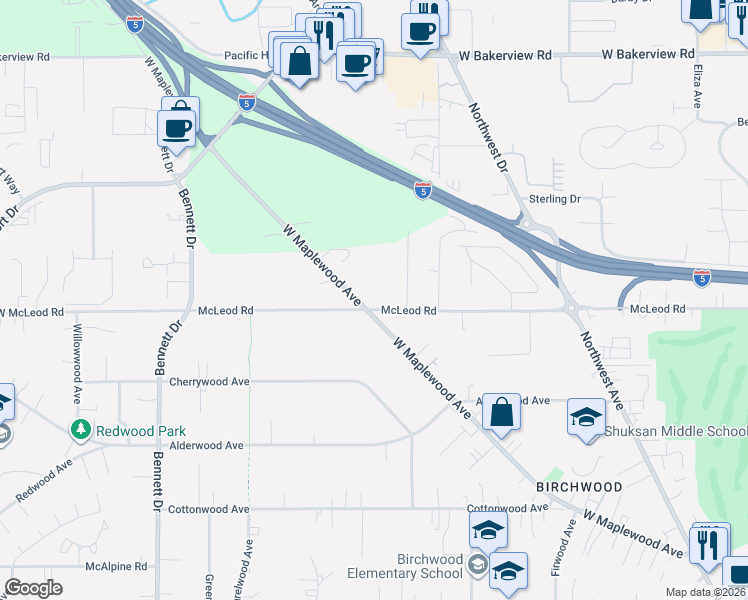 map of restaurants, bars, coffee shops, grocery stores, and more near 2950 McLeod Road in Bellingham